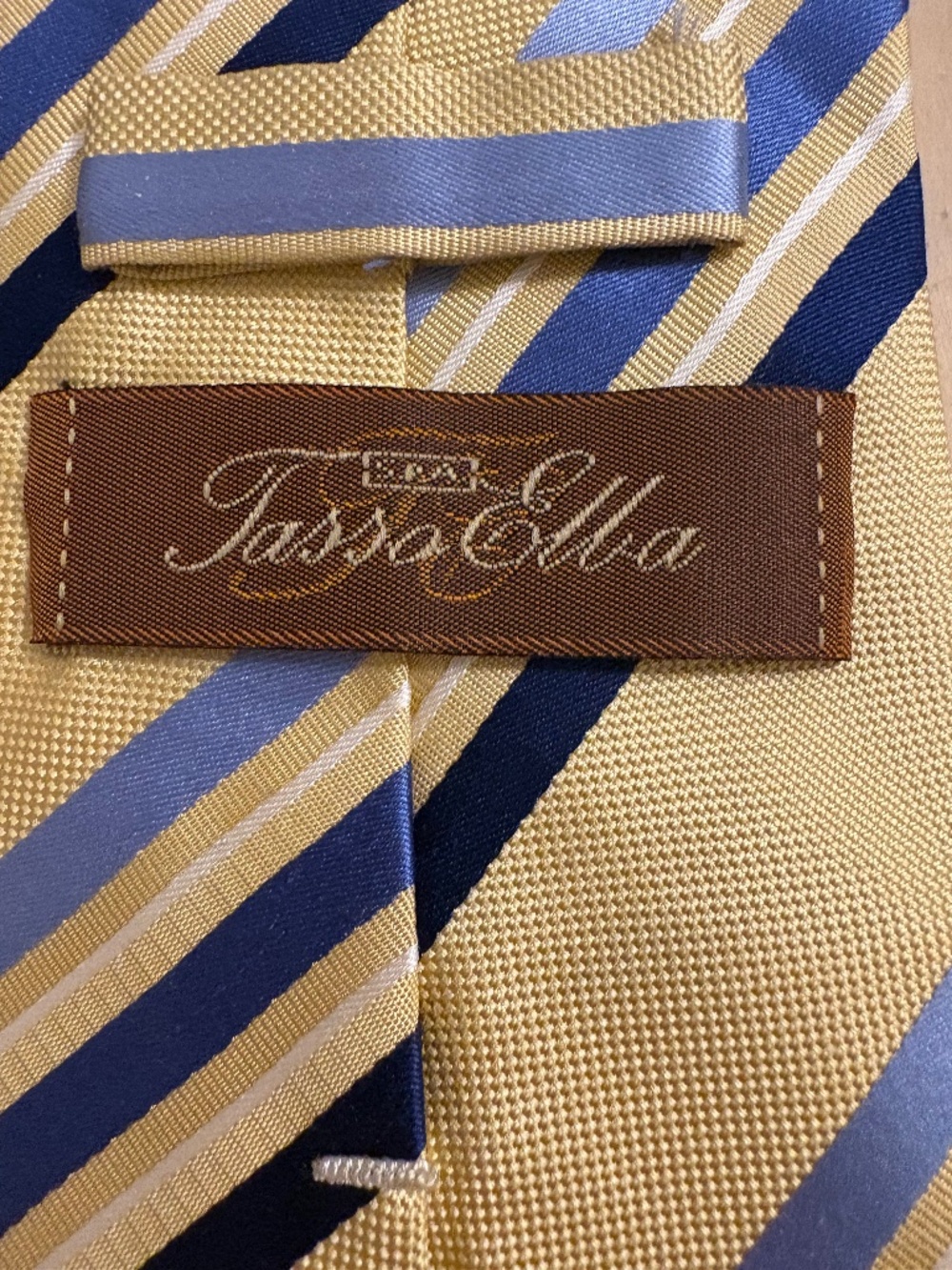 Tasso Elba 100% Silk Striped Men’s Necktie Gold Blue White Classic Regimental